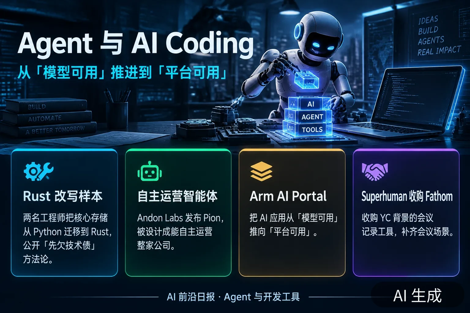 信息图:Agent 与 AI Coding——OpenAI 的 Rust 改写样本、Andon Labs 自主运营智能体 Pion、Arm AI Portal 与 Superhuman 收购 Fathom(AI 生成图,内容为当日报道要点)