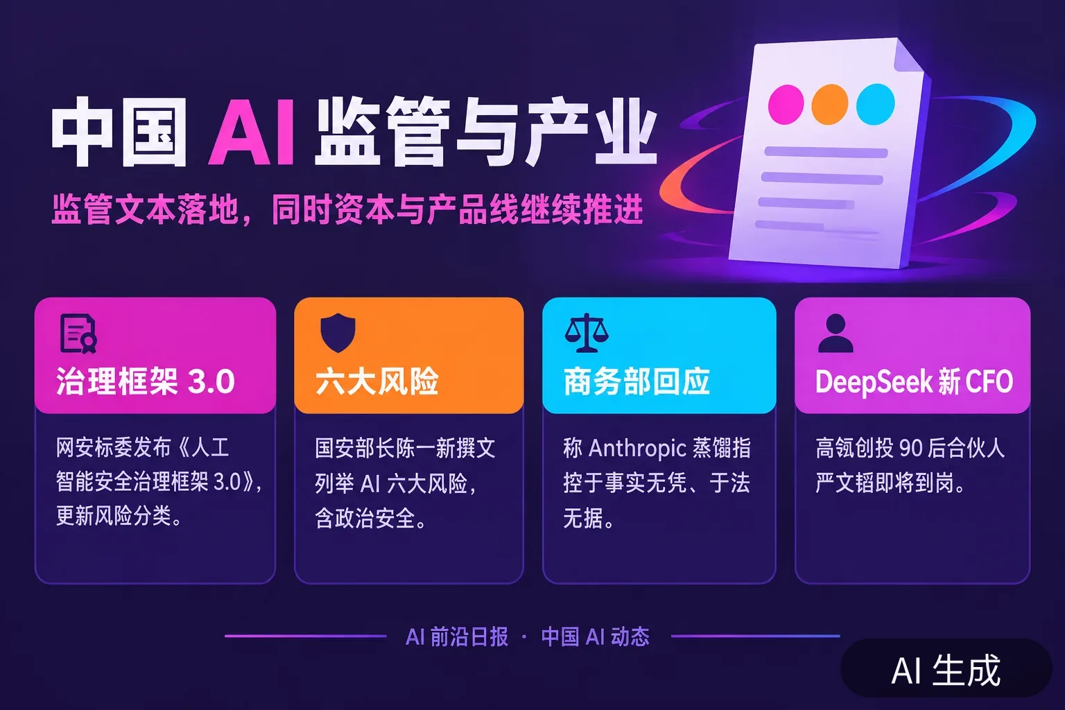 信息图:中国 AI 监管与产业——《人工智能安全治理框架 3.0》、六大风险表述、商务部回应蒸馏指控与 DeepSeek 新 CFO(AI 生成图,文字为当日报道要点)