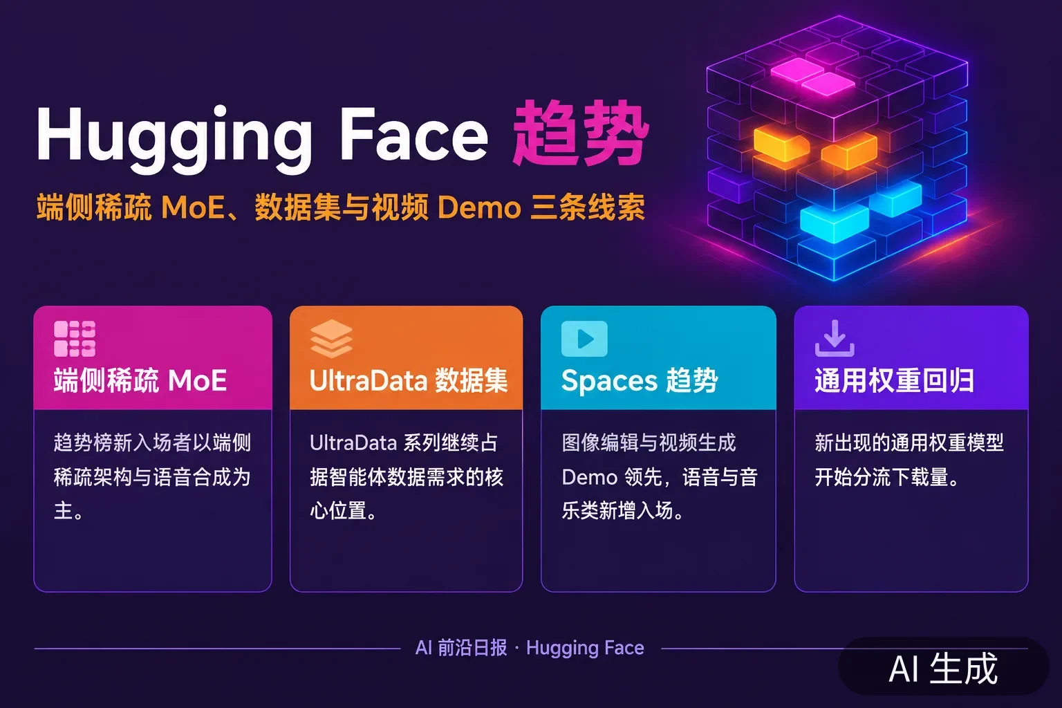 信息图:Hugging Face 趋势——端侧稀疏 MoE 与语音合成新入场、UltraData 数据集、Spaces 图像编辑与视频生成 Demo(AI 生成图,内容为当日报道要点)