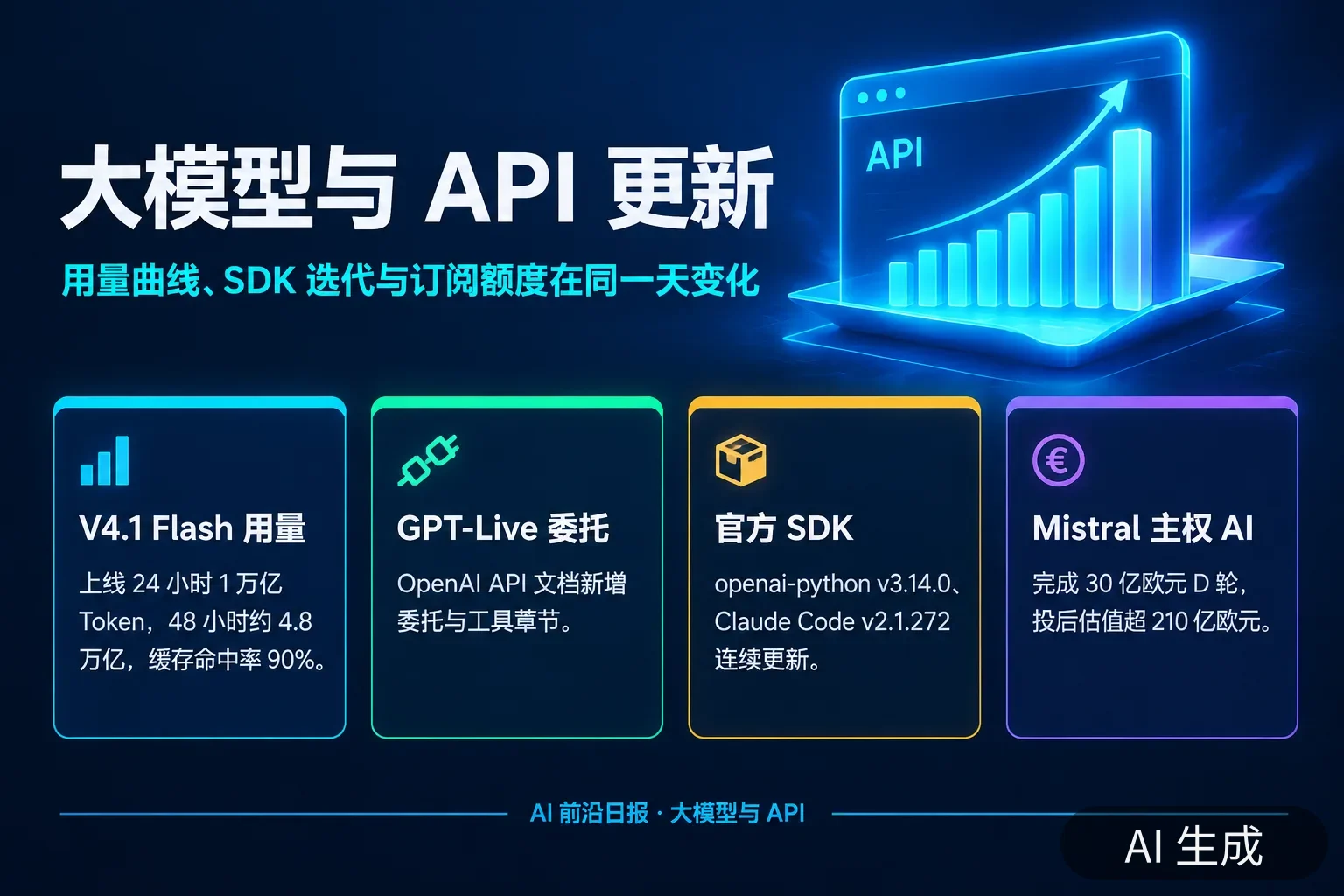 信息图:大模型与 API 更新——DeepSeek V4.1 Flash 用量曲线、GPT-Live 委托接口、官方 SDK 连续更新与 Mistral 主权 AI 定位(AI 生成图,数字为当日报道要点)