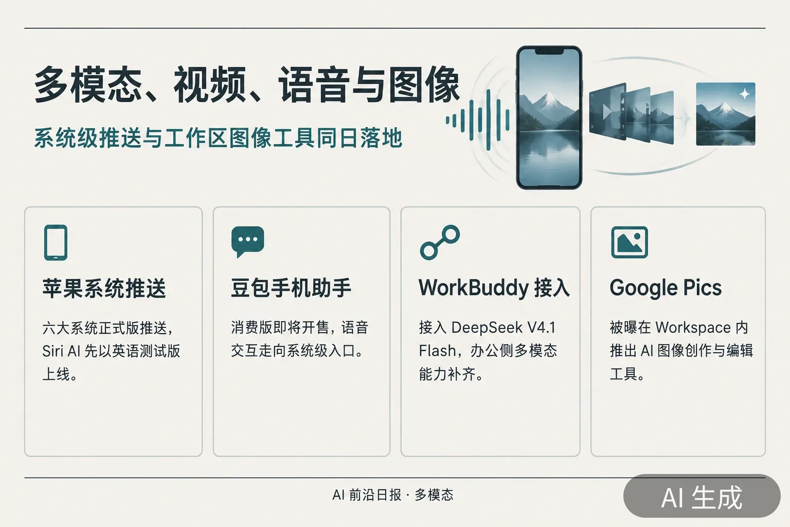 信息图:多模态、视频、语音与图像——苹果系统推送与 Siri AI 测试版、豆包手机助手、WorkBuddy 接入 V4.1 Flash、Google Pics(AI 生成图,内容为当日报道要点)