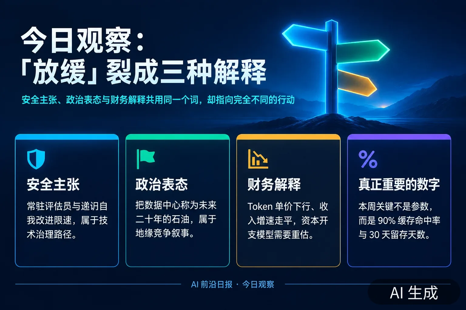 信息图:今日观察——「放缓」裂成安全主张、政治表态与财务解释三种互不兼容的东西,以及缓存命中率与留存天数两个决定性数字(AI 生成图,内容为当日报道要点)
