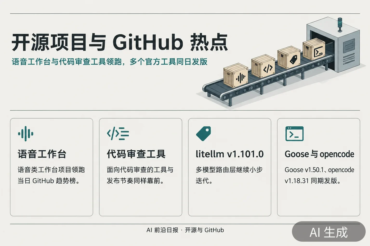信息图:开源项目与 GitHub 热点——语音工作台与代码审查工具领跑,litellm、Goose、opencode、Vercel AI SDK 等同日发版(AI 生成图,内容为当日报道要点)