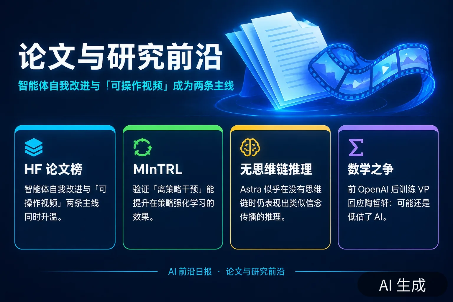信息图:论文与研究前沿——HF 论文榜两条主线、MInTRL 离策略干预、Astra 无思维链推理与数学之争(AI 生成图,文字为当日报道要点)