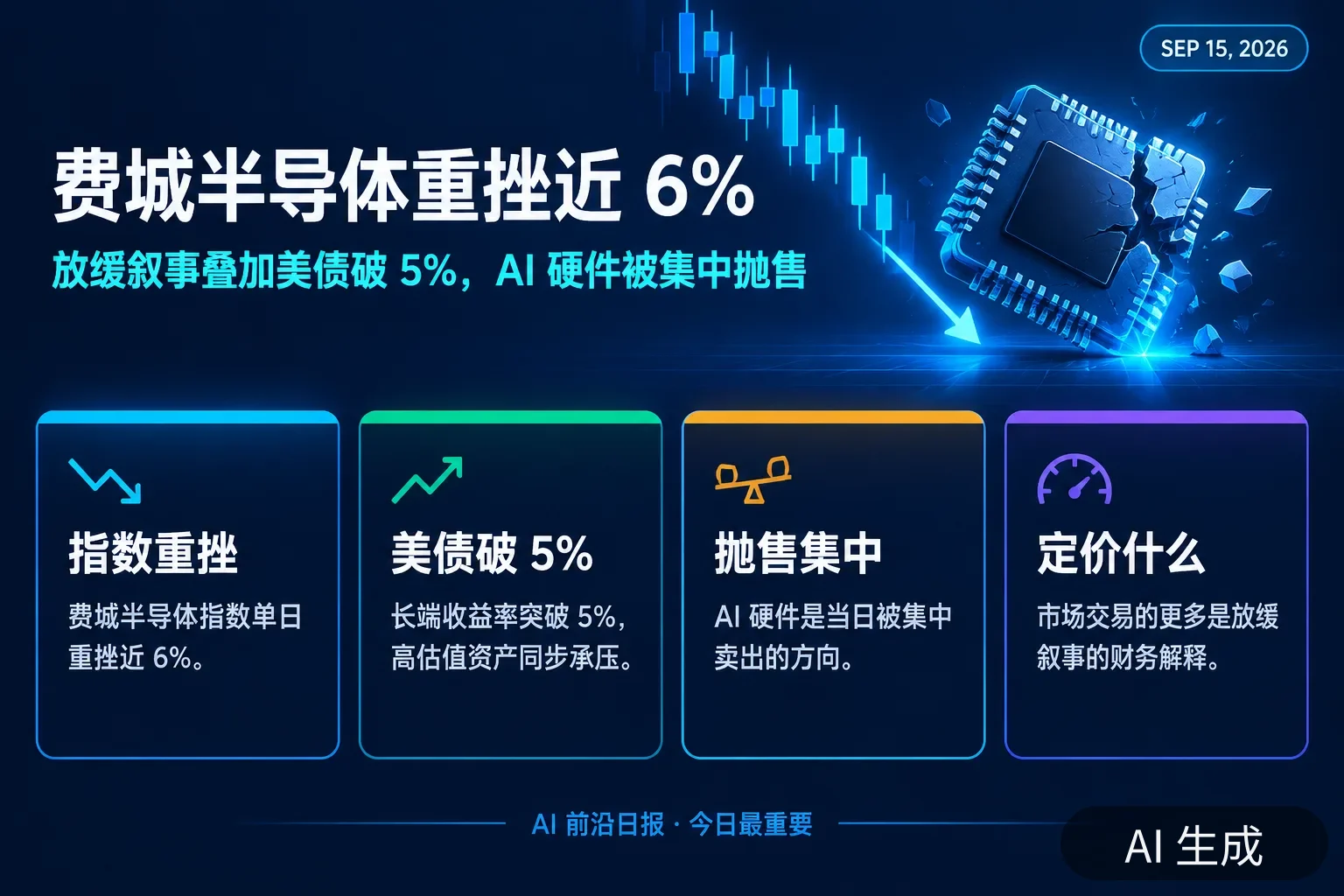 信息图:费城半导体指数单日重挫近 6%,美债收益率突破 5%,AI 硬件被集中抛售(AI 生成图,数字来自当日市场报道)