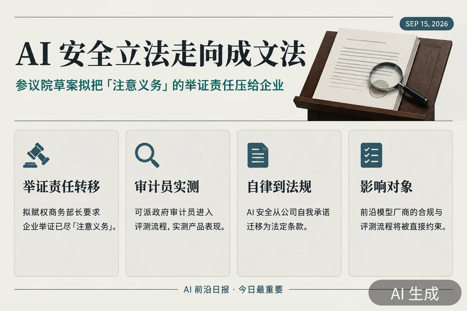 信息图:参议院 AI 安全法案草案细节——举证责任转移给企业、政府审计员可实测产品,AI 安全从自律走向成文法(AI 生成图,内容为当日报道要点)