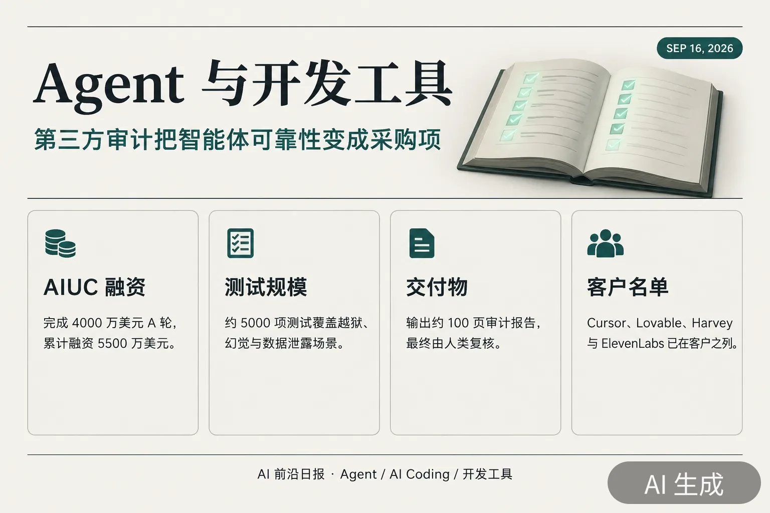 信息图:Agent 与开发工具当日要点——AIUC 4000 万美元 A 轮、约 5000 项智能体测试、约 100 页审计报告、客户覆盖 Cursor 与 Lovable 等四家(AI 生成图,文字为当日报道要点)