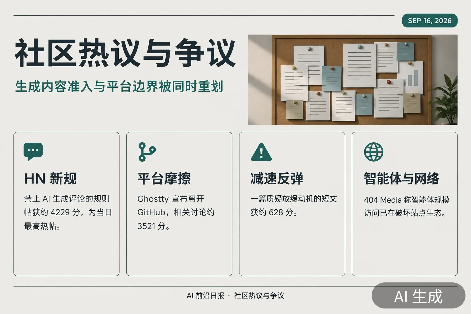 信息图:社区热议当日四条——HN 新规热帖 4229 分、Ghostty 离开 GitHub 3521 分、Dario Please 628 分、404 Media 称智能体已在大规模改变互联网(AI 生成图,文字为当日报道要点)