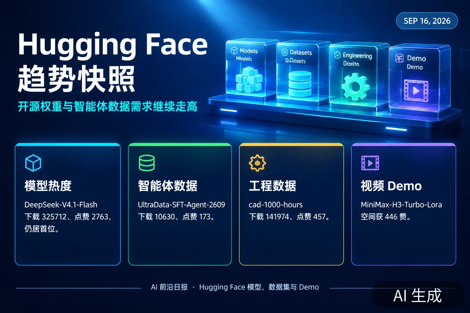 信息图:Hugging Face 趋势快照——DeepSeek V4.1 Flash 下载 325712、UltraData-SFT-Agent-2609 下载 10630、cad-1000-hours 下载 141974、MiniMax-H3-Turbo-Lora 446 赞(AI 生成图,文字为当日报道要点)