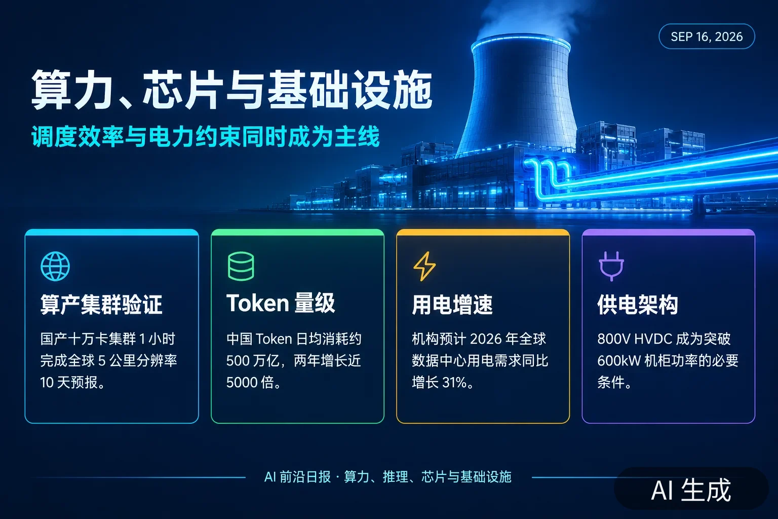 信息图:算力与基础设施当日数字——1 小时完成全球 5 公里分辨率 10 天预报、中国 Token 日均约 500 万亿、全球数据中心用电预计增长 31%、800V HVDC 成为突破 600kW 的必要条件(AI 生成图,文字为当日报道要点)