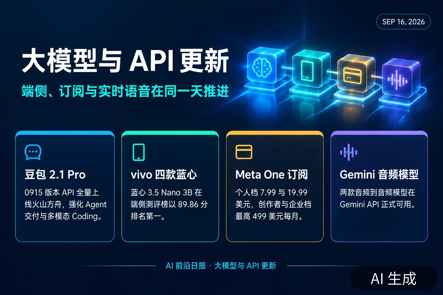 信息图:9 月 16 日大模型与 API 侧的四条更新——豆包 2.1 Pro 0915 版本、vivo 四款蓝心大模型、Meta One 订阅 7.99–499 美元、Gemini 两款音频模型 GA(AI 生成图,文字为当日报道要点)