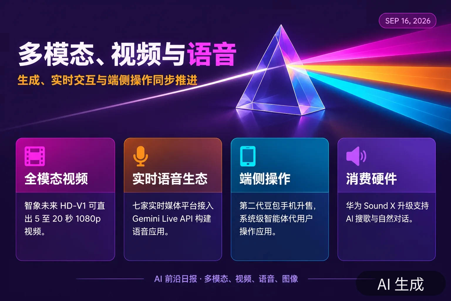 信息图:多模态与语音当日要点——HD-V1 直出 5–20 秒 1080p 视频、Gemini Live 集成 7 家实时媒体厂商、豆包手机开售、Sound X 升级支持 AI 搜歌(AI 生成图,文字为当日报道要点)