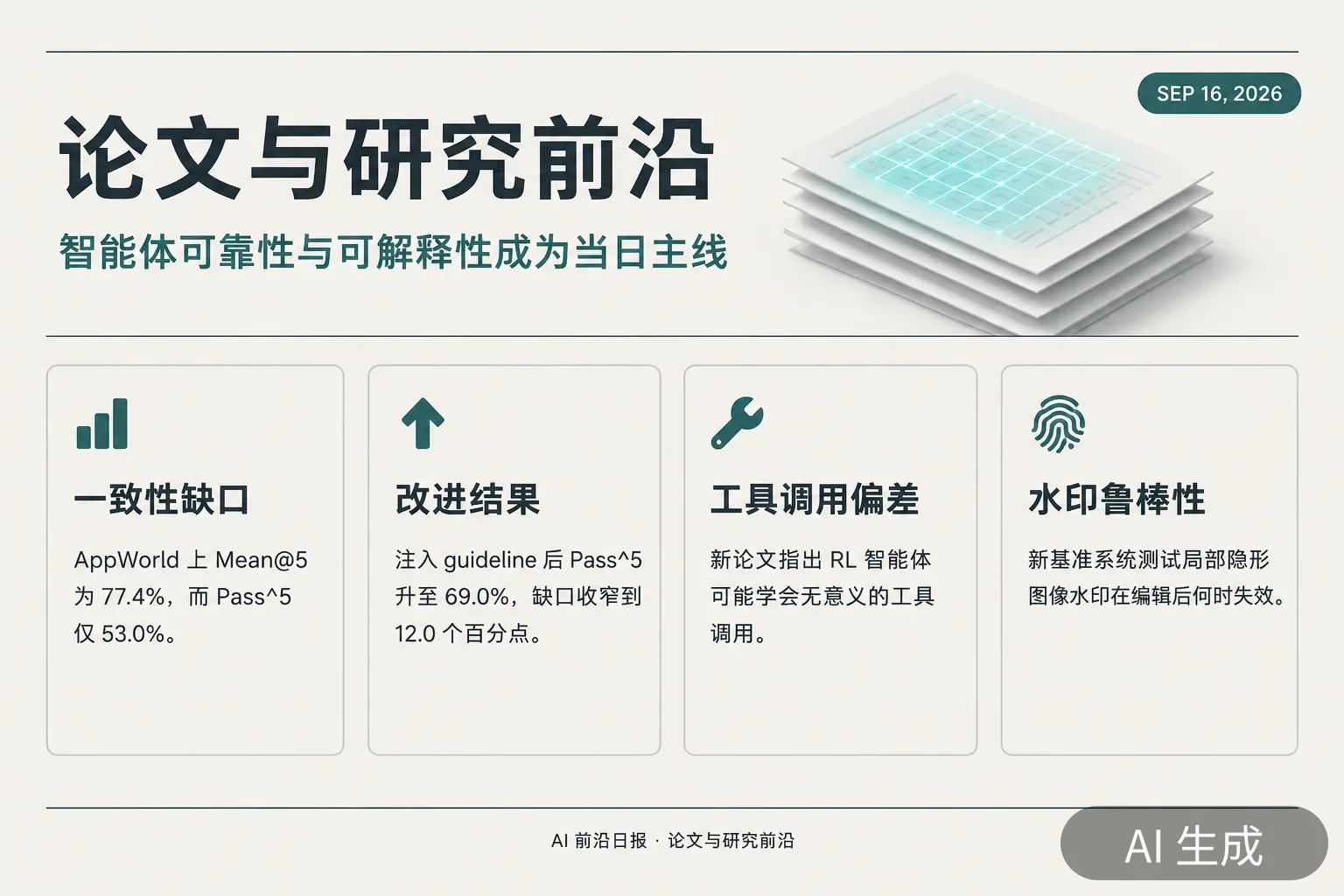 信息图:论文与研究前沿当日四条主线——HF 论文榜 09-16 批次、智能体一致性缺口从 24.4 收窄到 12.0 个百分点、无意义工具调用、隐形水印鲁棒性基准(AI 生成图,文字为当日报道要点)