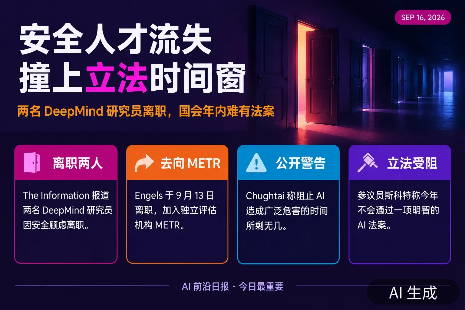 信息图:安全人才外流与立法时间窗——两名 DeepMind 研究员离职、Engels 加入 METR、Hubinger 称灭绝概率超 10%、国会年内难通过法案(AI 生成图,文字为当日报道要点)