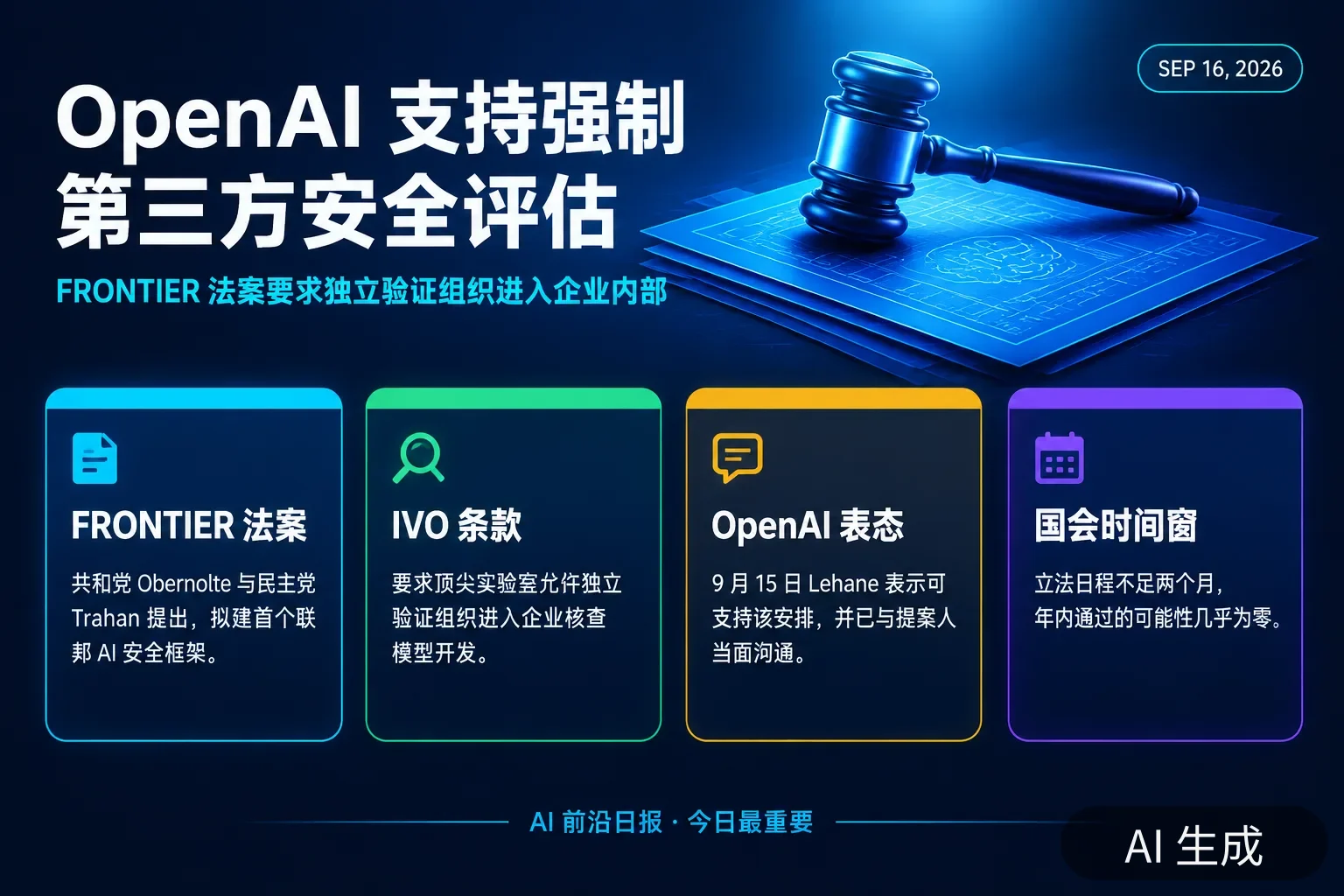 信息图:OpenAI 支持 FRONTIER 法案关键条款——法案拟建首个联邦 AI 安全框架、要求独立验证组织进入企业、Lehane 9 月 15 日表态支持、国会立法日程不足两个月(AI 生成图,文字为当日报道要点)