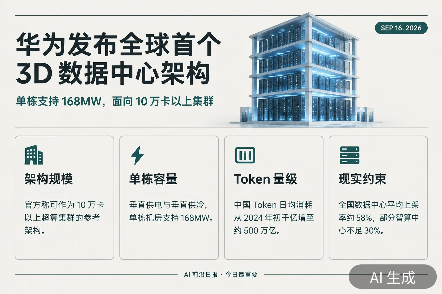 信息图:华为 3D 数据中心与算力现实——单栋支持 168MW、面向 10 万卡以上集群、Token 日均约 500 万亿、全国平均上架率 58%(AI 生成图,文字为当日报道要点)