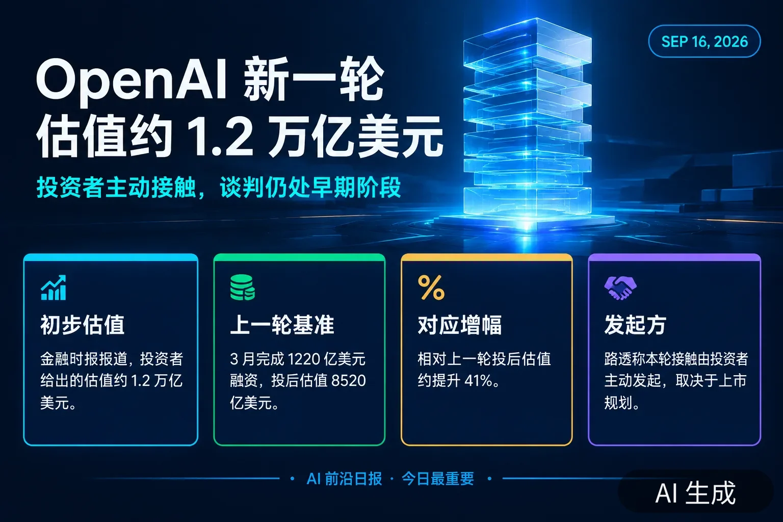 信息图:OpenAI 新一轮融资谈判——约 1.2 万亿美元初步估值、上一轮投后 8520 亿美元、对应约 41% 增幅、谈判由投资者主动发起(AI 生成图,文字为当日报道要点)