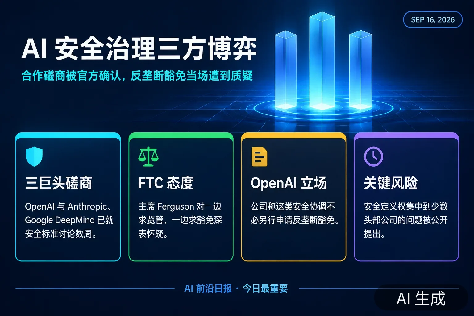 信息图:AI 安全治理的三方博弈——三巨头磋商数周、OpenAI 支持强制第三方评估、FTC 质疑豁免、国会年内难通过(AI 生成图,文字为当日报道要点)