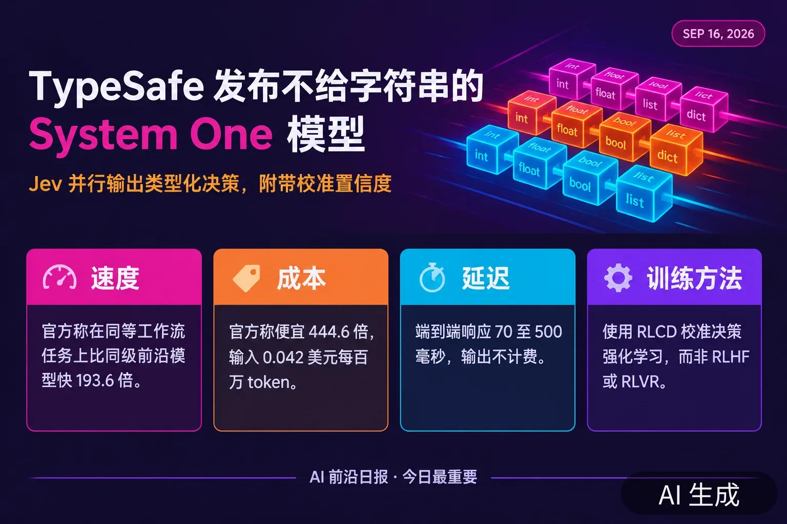 信息图:TypeSafe System One 与 Jev 的核心数字——比同级前沿模型快 193.6 倍、便宜 444.6 倍、输入 0.042 美元/百万 token、响应 70–500 毫秒(AI 生成图,文字为当日报道要点)