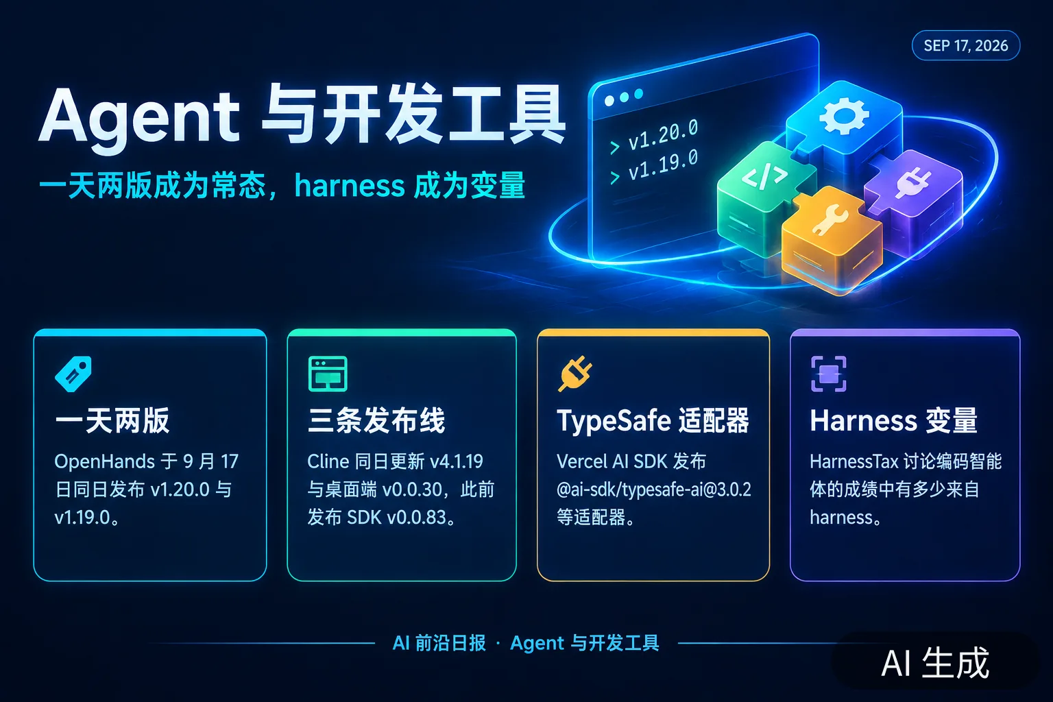 信息图：Agent 与开发工具——一天两版成为常态，harness 成为变量（AI 生成图，文字为当日报道要点）