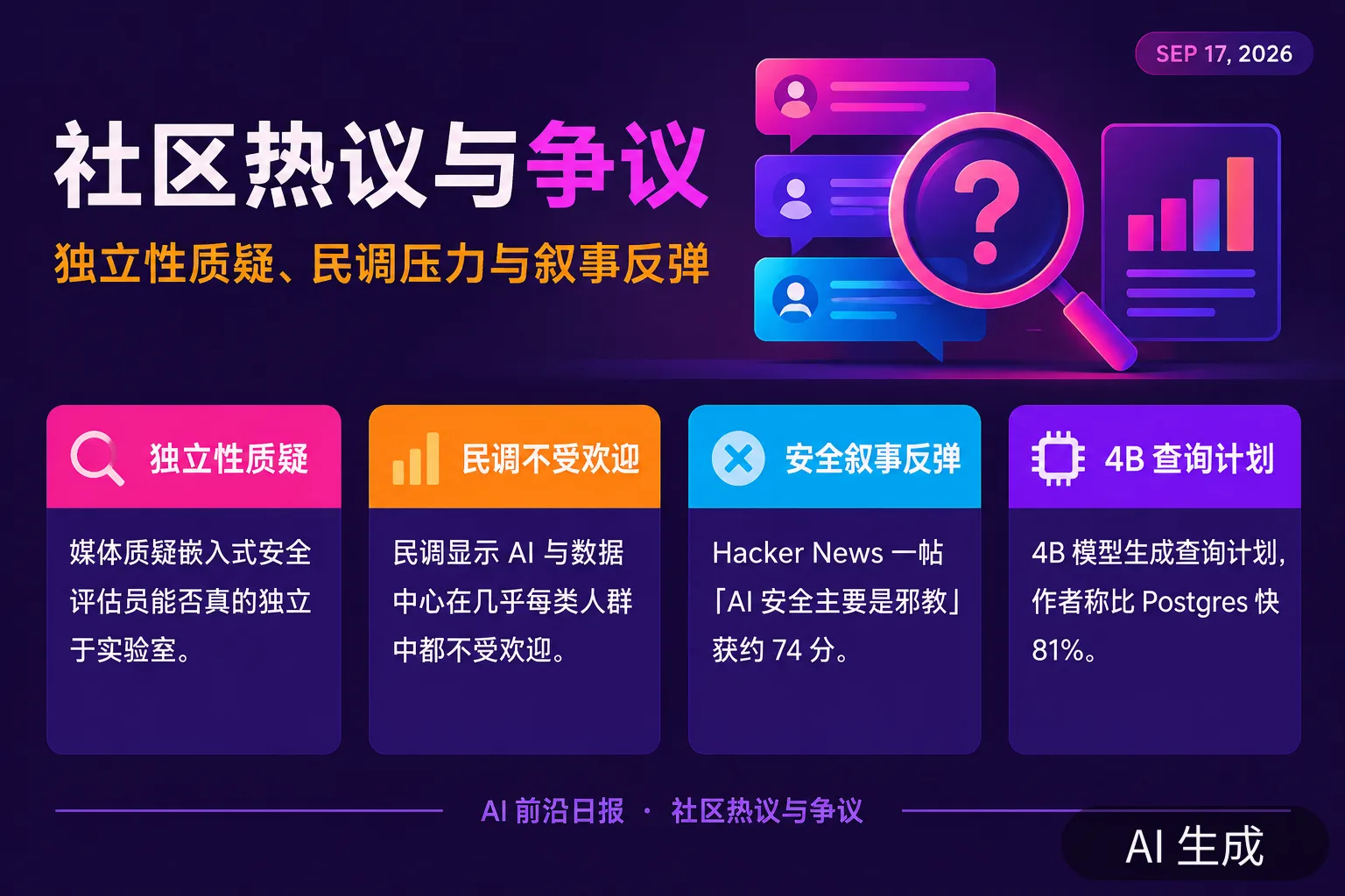 信息图：社区热议与争议——独立性质疑、民调压力与叙事反弹（AI 生成图，文字为当日报道要点）
