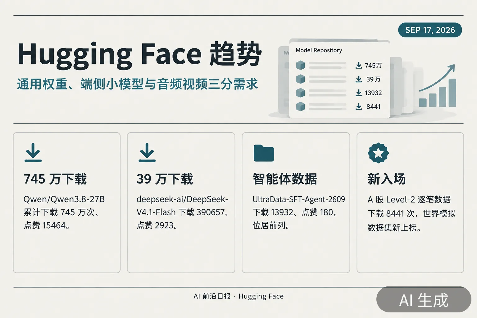 信息图：Hugging Face 趋势——通用权重、端侧小模型与音频视频三分需求（AI 生成图，文字为当日报道要点）