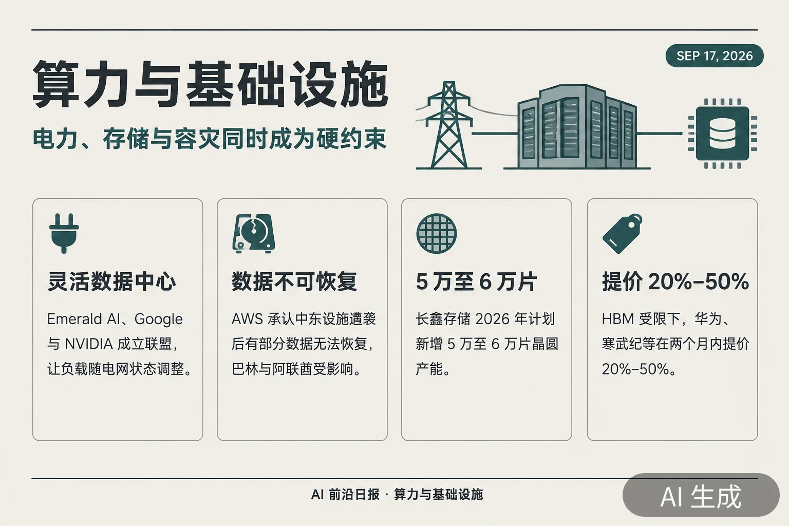 信息图：算力与基础设施——电力、存储与容灾同时成为硬约束（AI 生成图，文字为当日报道要点）
