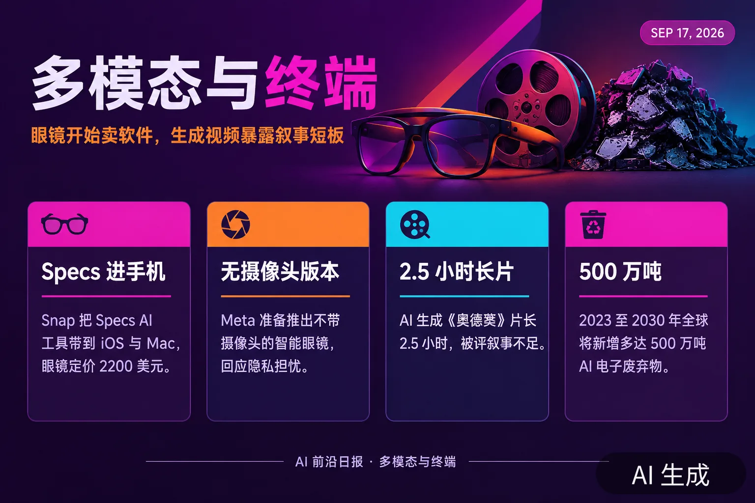信息图：多模态与终端——眼镜开始卖软件，生成视频暴露叙事短板（AI 生成图，文字为当日报道要点）