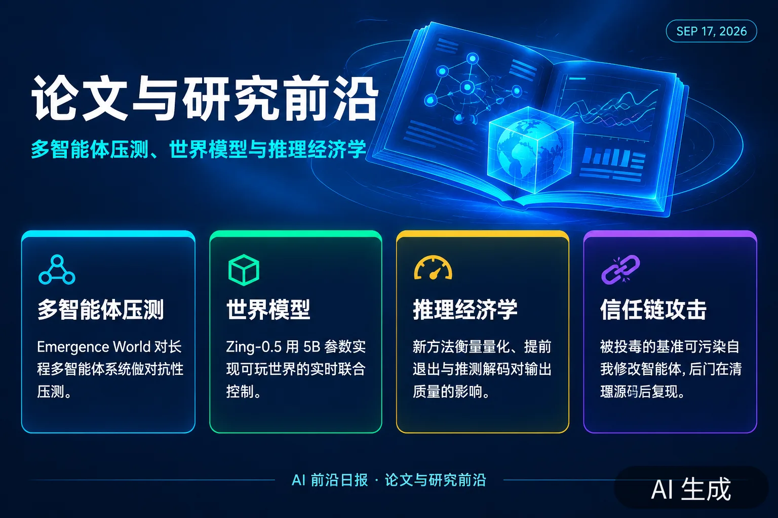信息图：论文与研究前沿——多智能体压测、世界模型与推理经济学（AI 生成图，文字为当日报道要点）