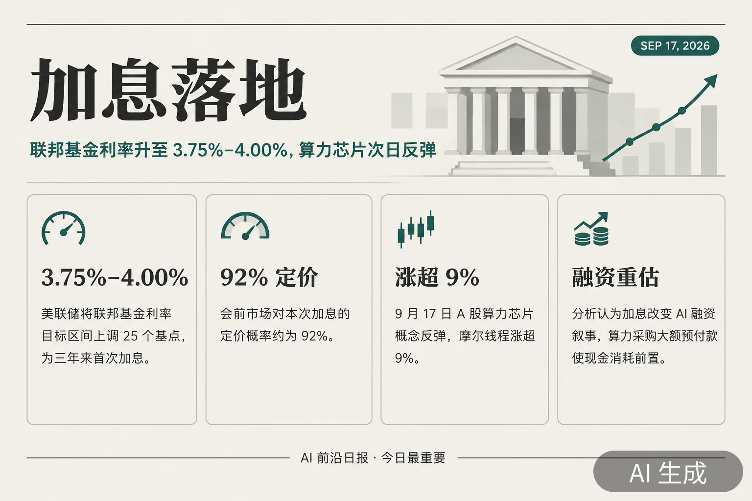 信息图：加息落地——联邦基金利率升至 3.75%–4.00%，算力芯片次日反弹（AI 生成图，文字为当日报道要点）