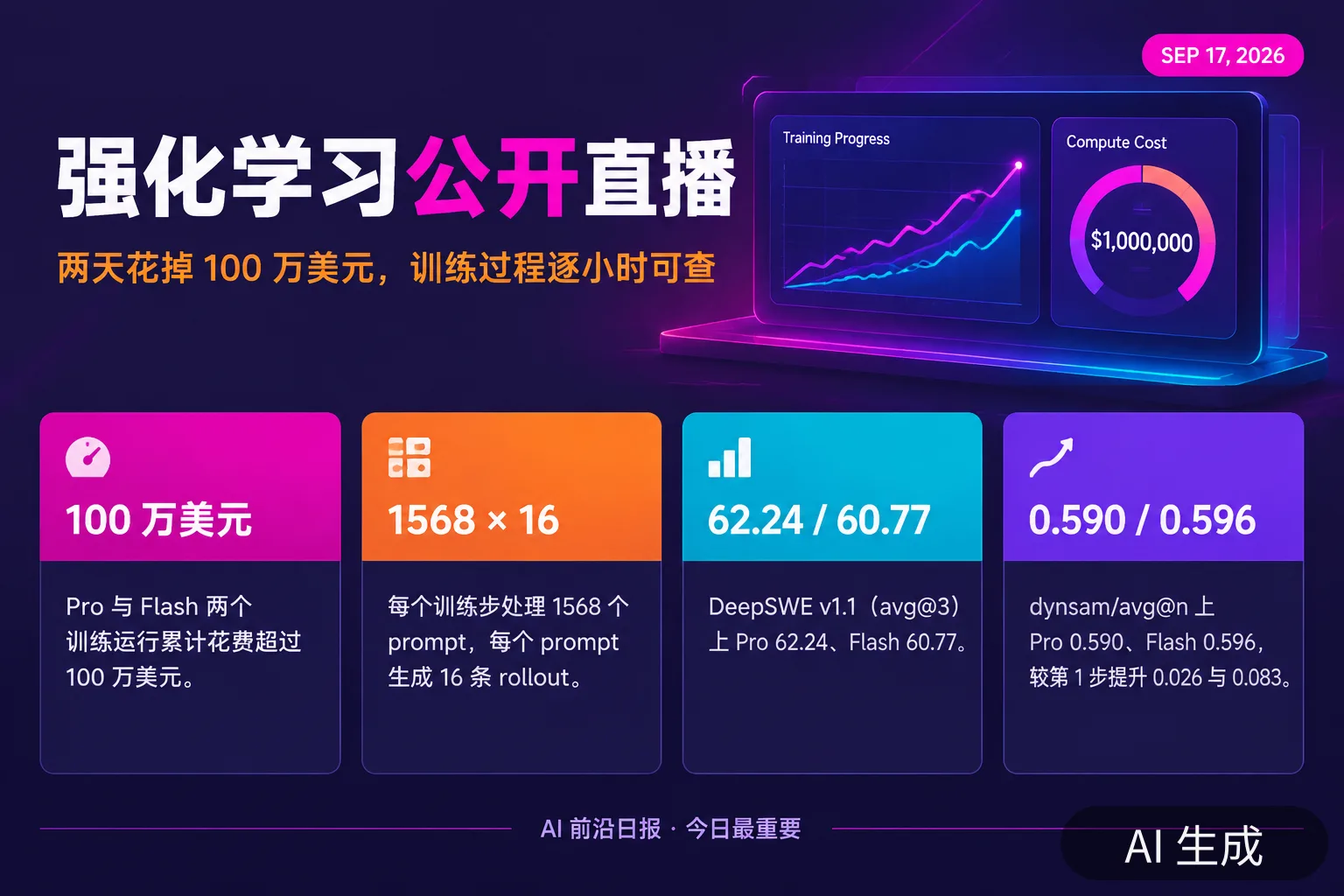 信息图：强化学习公开直播——两天花掉 100 万美元，训练过程逐小时可查（AI 生成图，文字为当日报道要点）