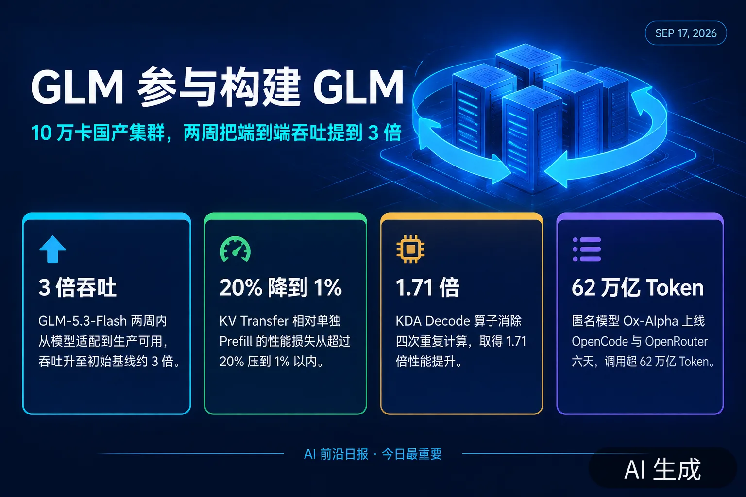 信息图：GLM 参与构建 GLM——10 万卡国产集群，两周把端到端吞吐提到 3 倍（AI 生成图，文字为当日报道要点）