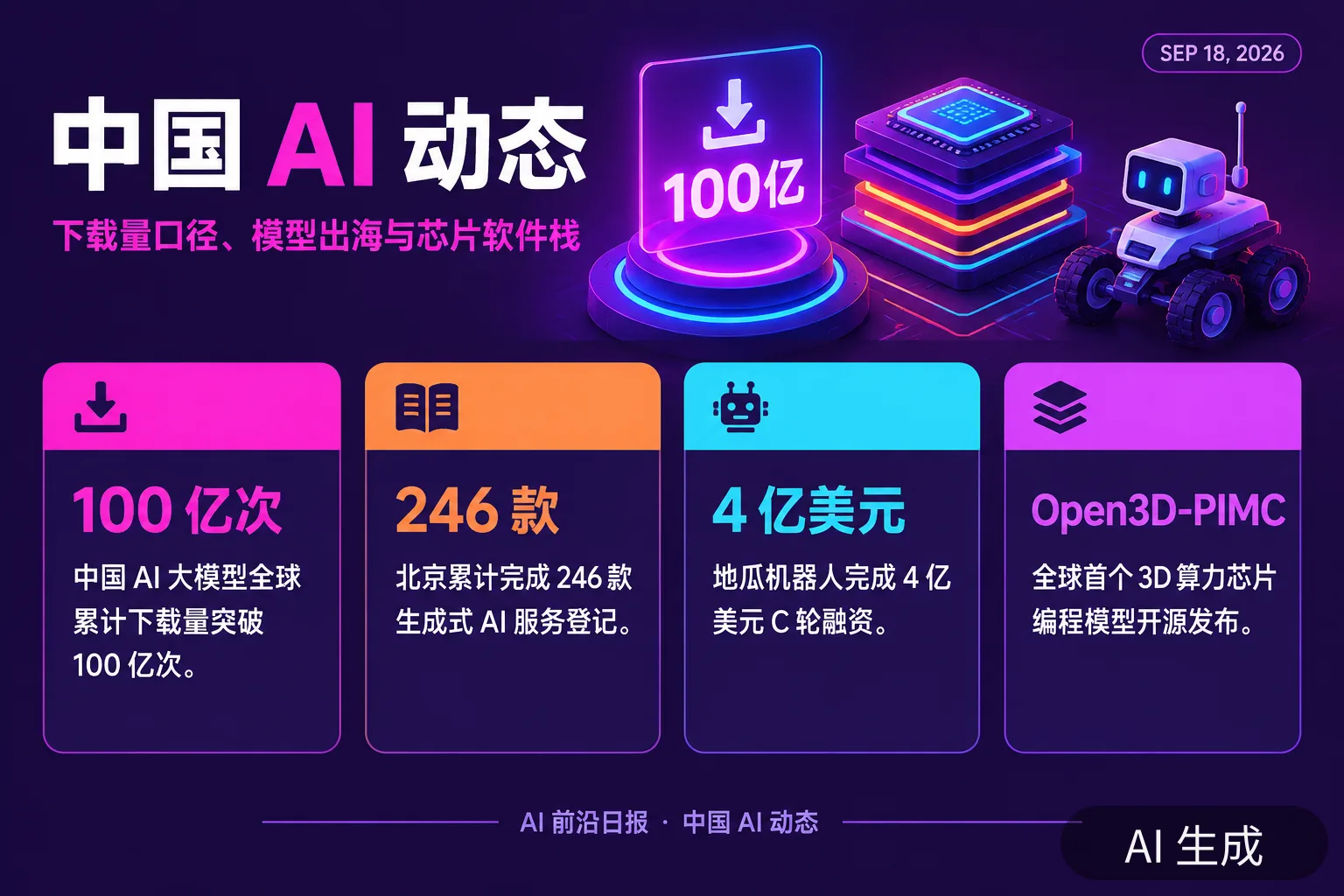信息图:中国 AI 动态——下载量口径、模型出海与芯片软件栈(AI 生成图,文字为当日报道要点)