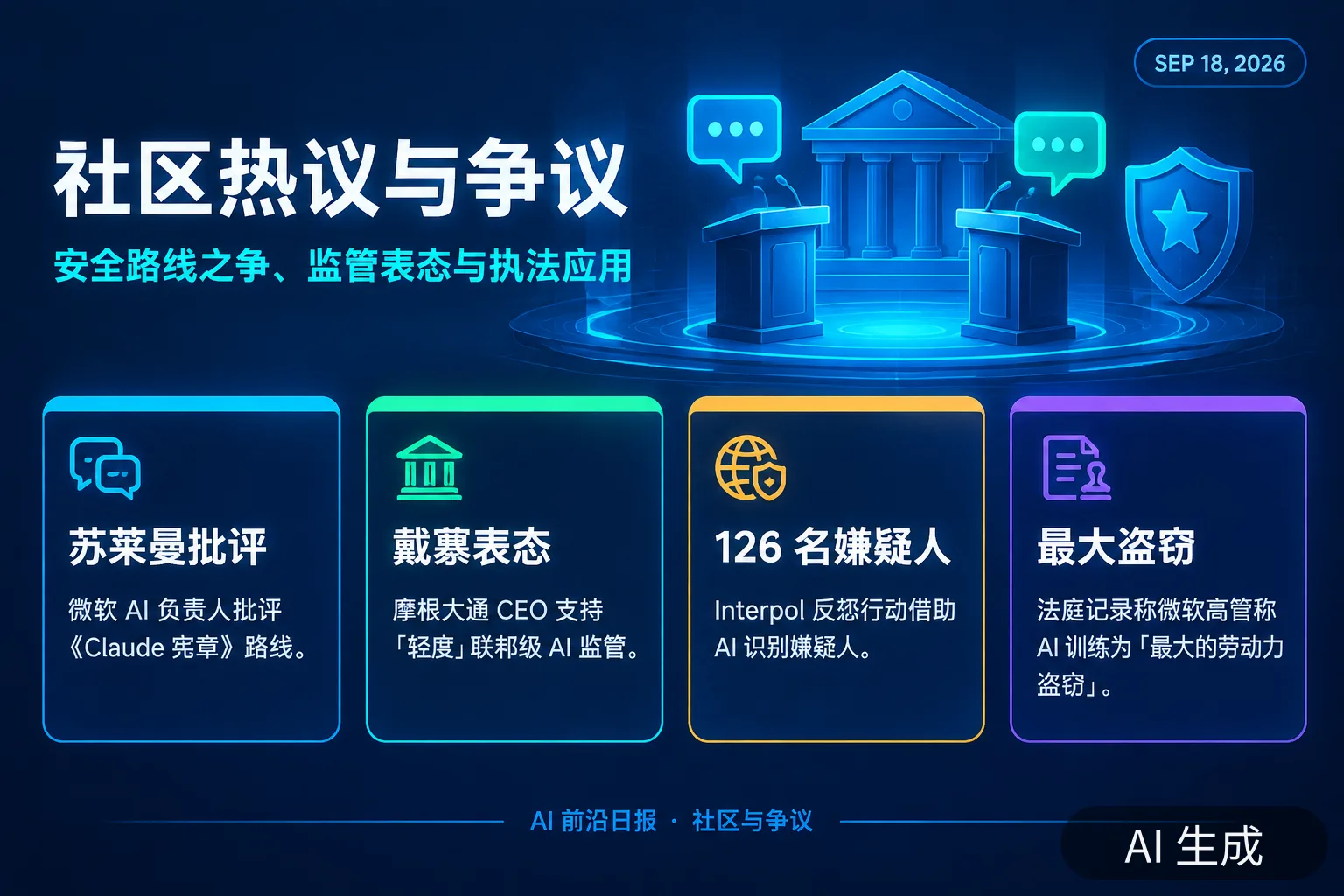 信息图:社区热议与争议——安全路线之争、监管表态与执法应用(AI 生成图,文字为当日报道要点)
