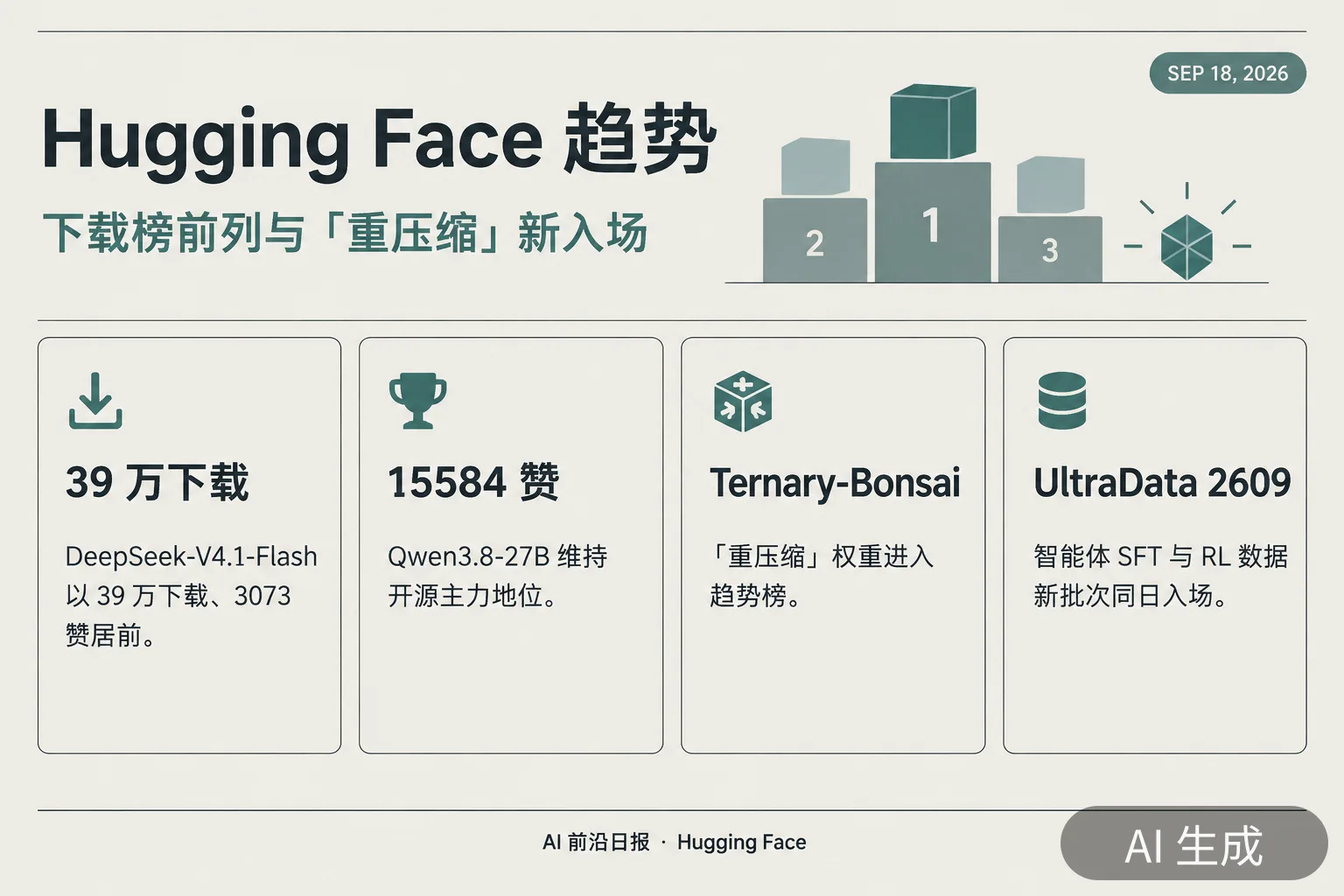 信息图:Hugging Face 趋势——下载榜前列与重压缩新入场(AI 生成图,文字为当日报道要点)