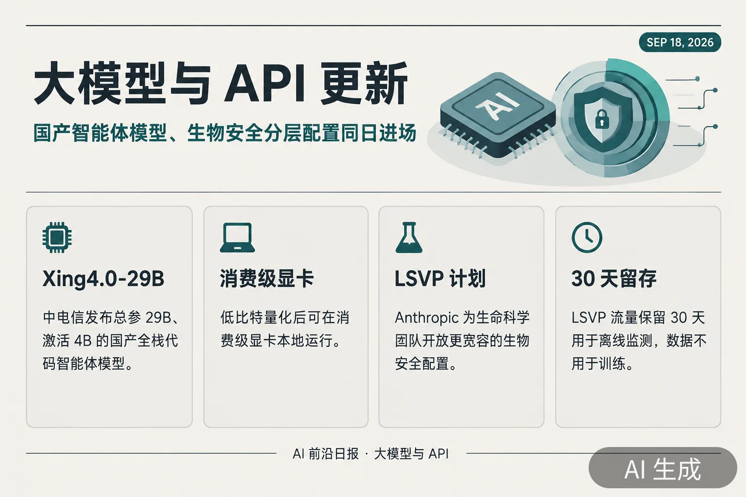 信息图:大模型与 API 更新——国产智能体模型、生物安全分层配置同日进场(AI 生成图,文字为当日报道要点)