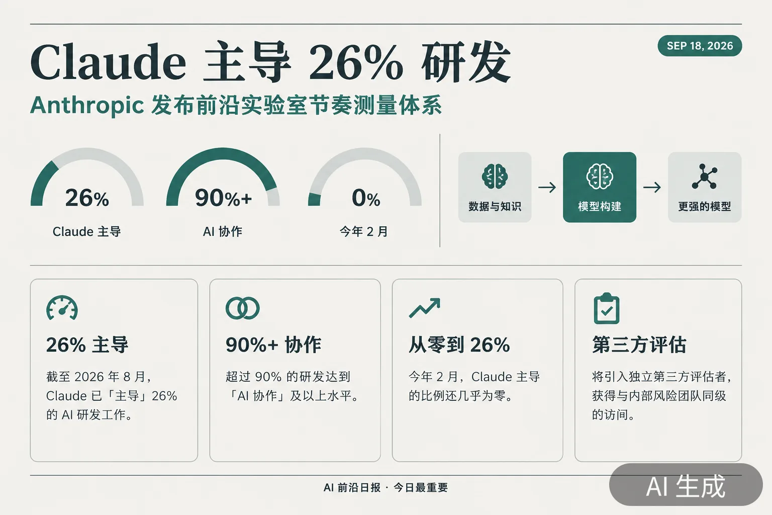 信息图:Claude 主导 26% 研发——Anthropic 发布前沿实验室节奏测量体系(AI 生成图,文字为当日报道要点)