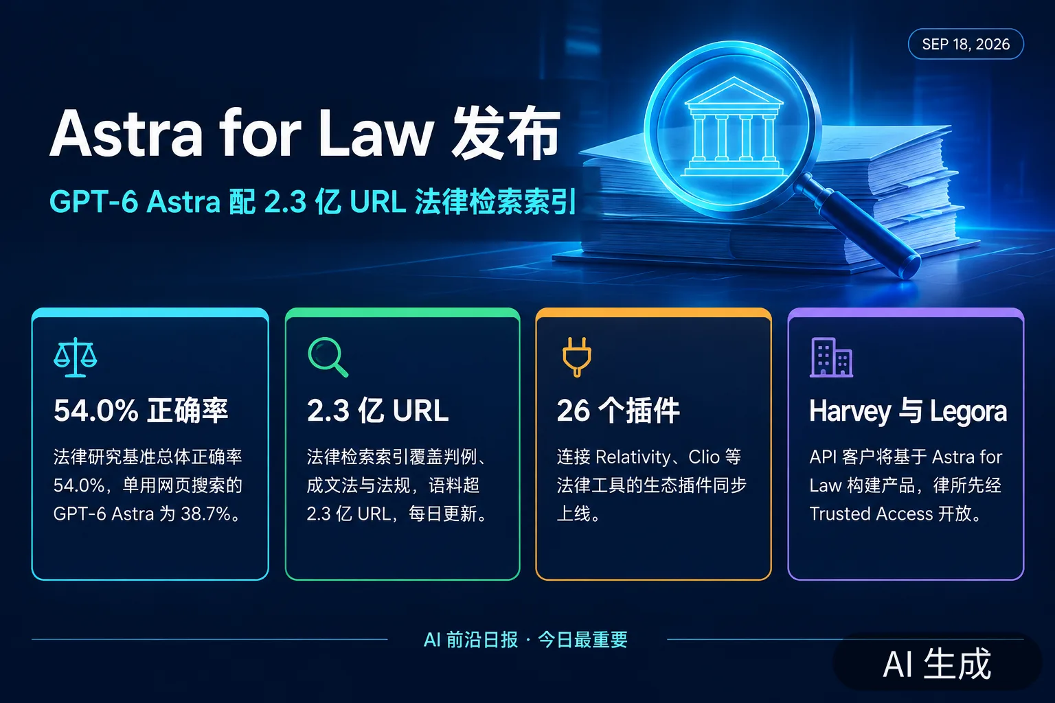 信息图:Astra for Law 发布——GPT-6 Astra 配 2.3 亿 URL 法律检索索引(AI 生成图,文字为当日报道要点)