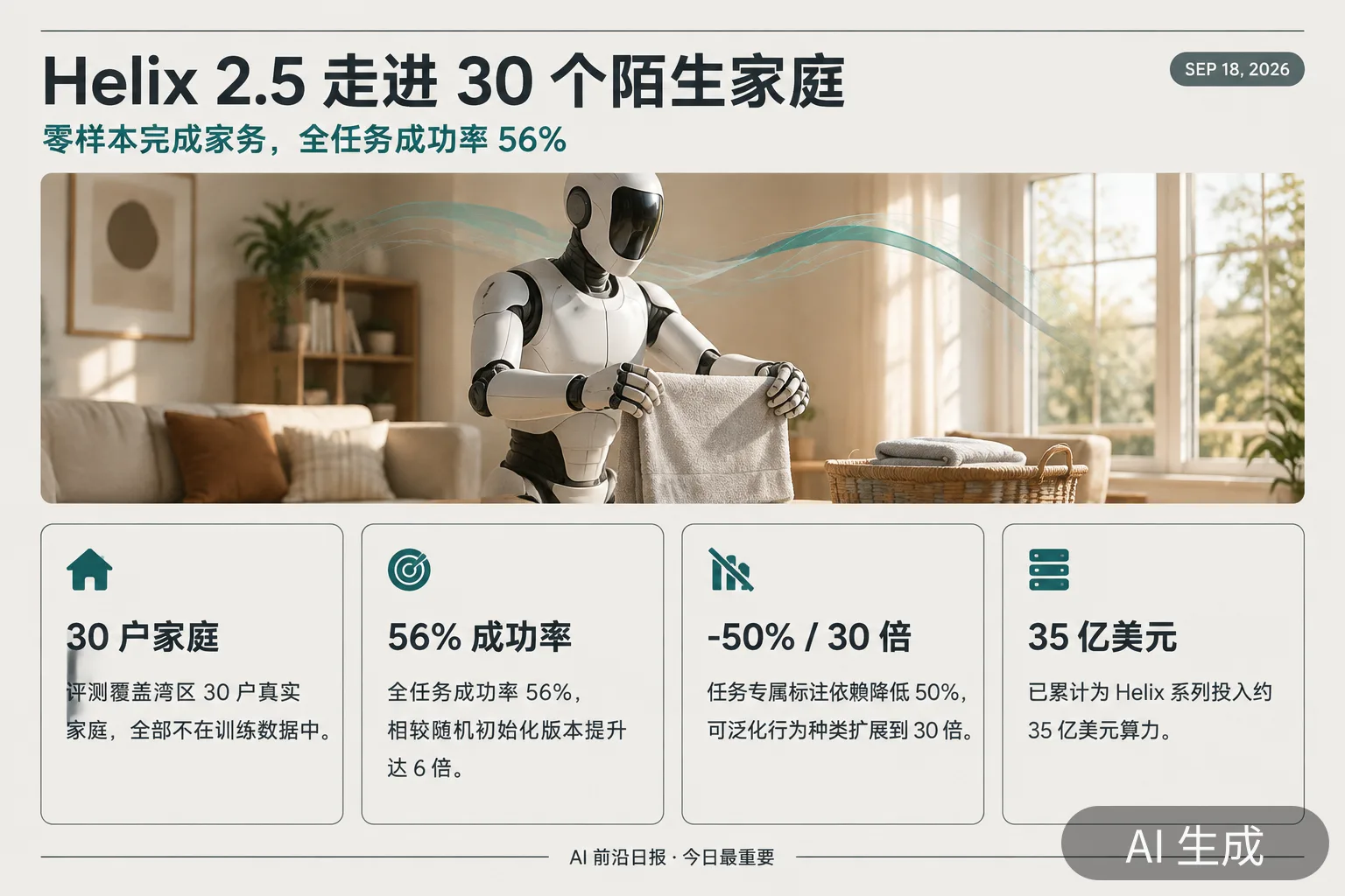 信息图:Helix 2.5 走进 30 个陌生家庭——零样本完成家务,全任务成功率 56%(AI 生成图,文字为当日报道要点)