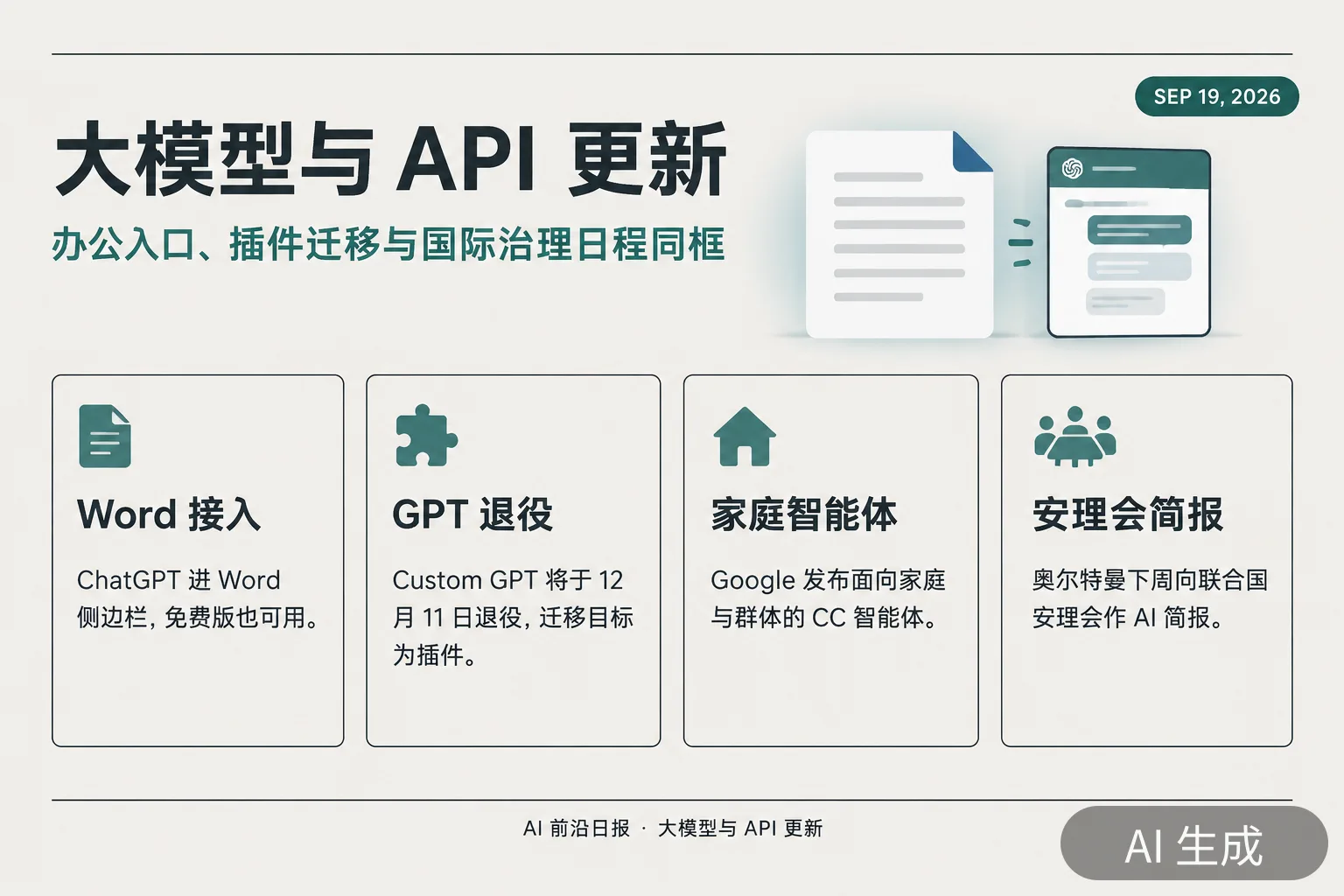 信息图：大模型与 API 更新——Word 接入 ChatGPT、Custom GPT 退役、安理会简报（AI 生成图，文字为当日报道要点）