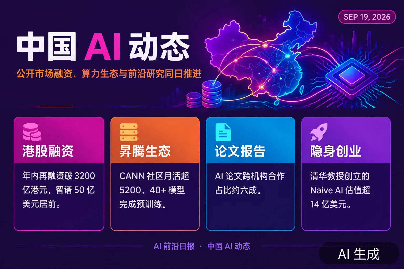 信息图：中国 AI 动态——港股再融资、昇腾生态与隐身创业公司（AI 生成图，文字为当日报道要点）