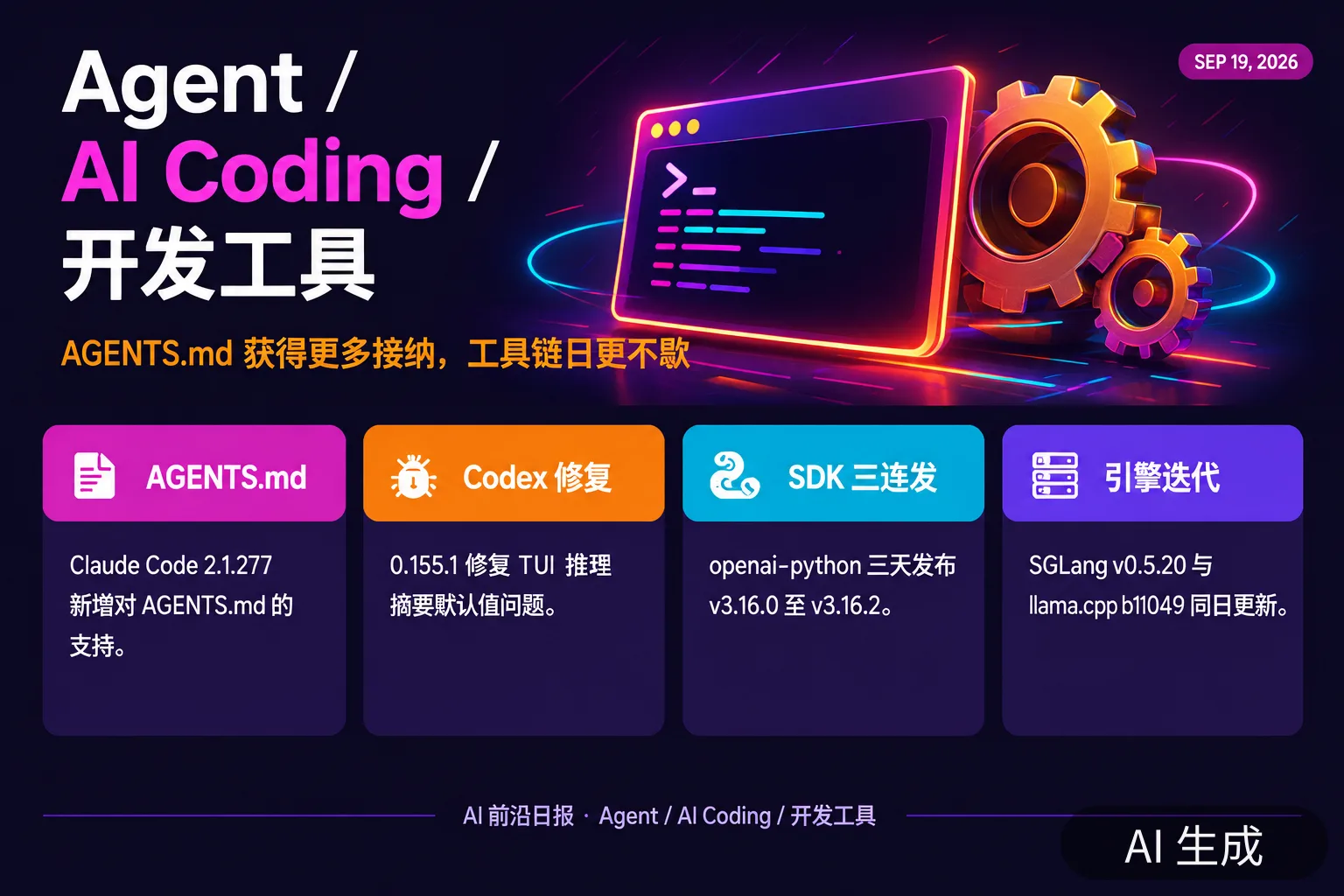 信息图：Agent 与开发工具动态——AGENTS.md 支持、Codex 修复与推理引擎更新（AI 生成图，文字为当日报道要点）