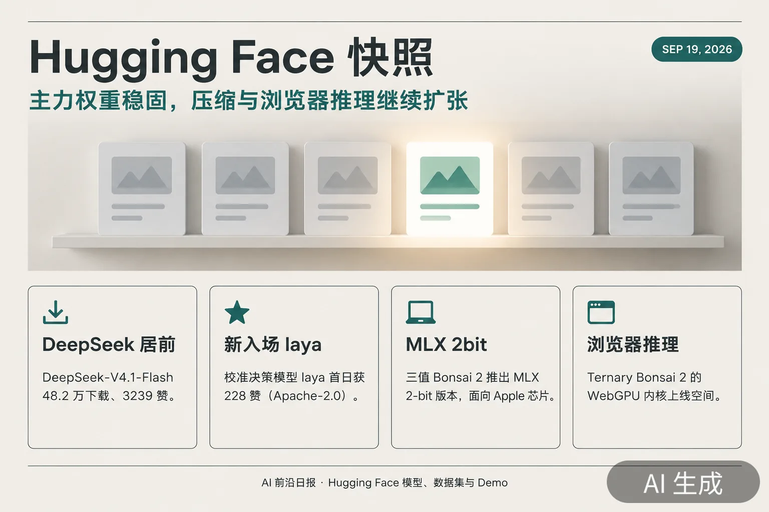 信息图：Hugging Face 趋势榜快照——DeepSeek 居前、laya 新入场、MLX 2bit 上线（AI 生成图，文字为当日报道要点）