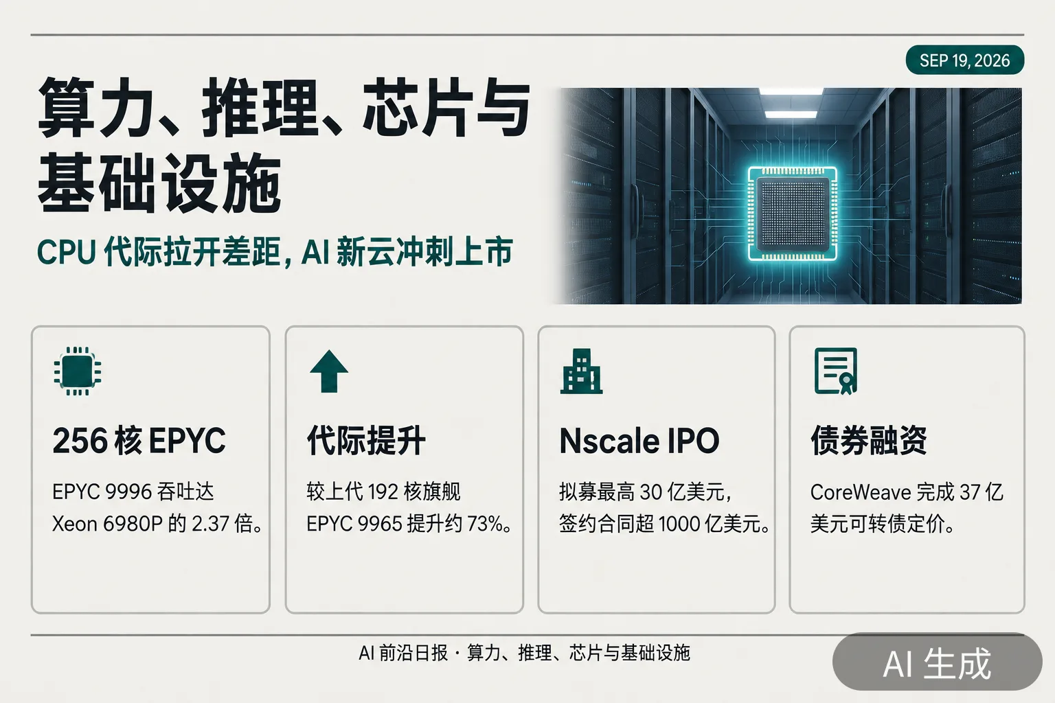 信息图：算力与基础设施——AMD 256 核 EPYC、Nscale IPO 与 CoreWeave 债券（AI 生成图，文字为当日报道要点）