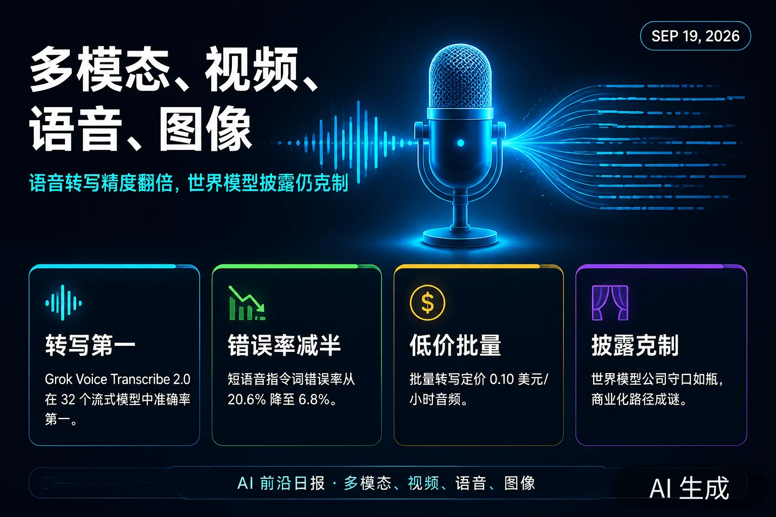 信息图：多模态与语音动态——Grok Voice Transcribe 2.0 准确率第一（AI 生成图，文字为当日报道要点）