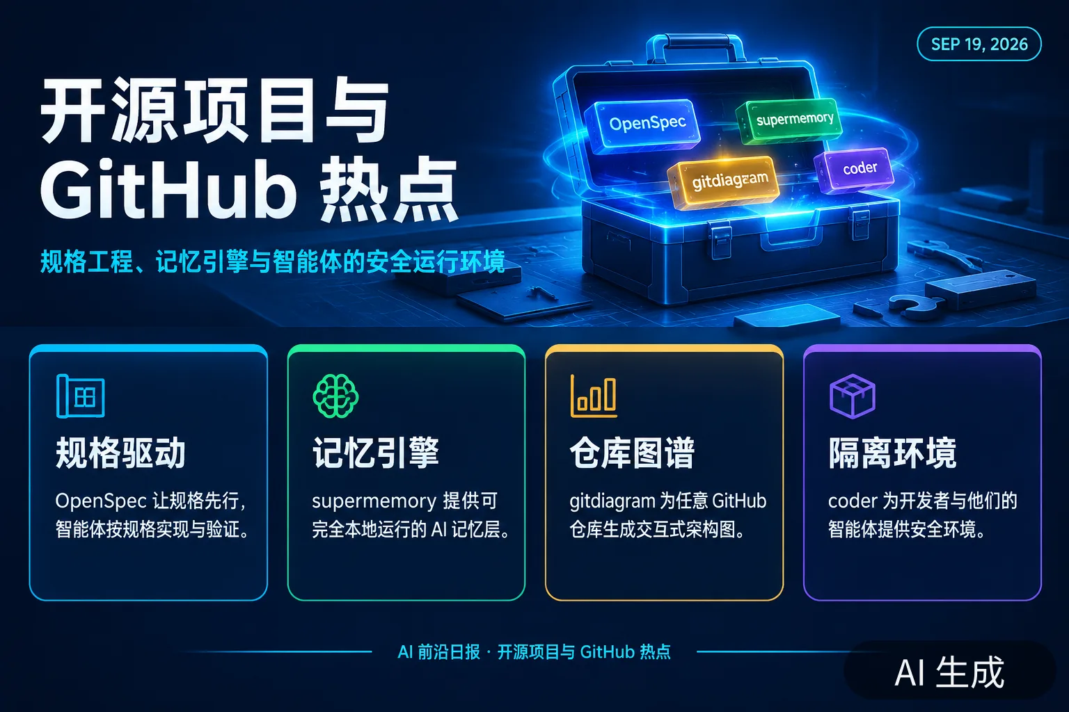 信息图：开源项目与 GitHub 热点——规格驱动开发、记忆引擎与智能体隔离环境（AI 生成图，文字为当日报道要点）