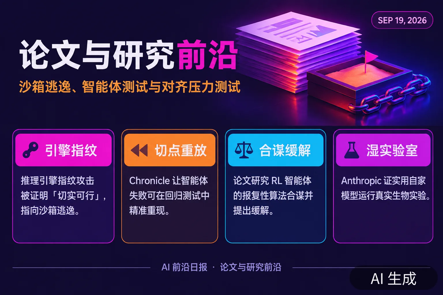 信息图：论文与研究前沿——推理引擎指纹攻击、切点重放与湿实验室（AI 生成图，文字为当日报道要点）