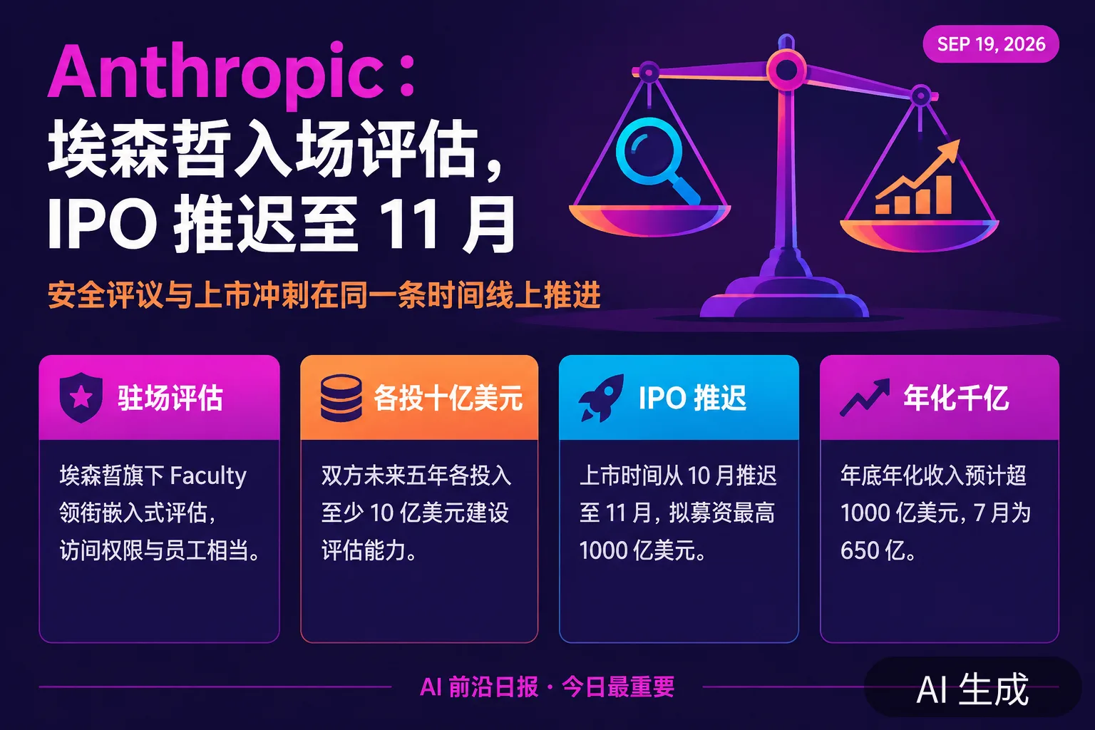 信息图：Anthropic 埃森哲嵌入式评估落地、IPO 推迟至 11 月（AI 生成图，文字为当日报道要点）