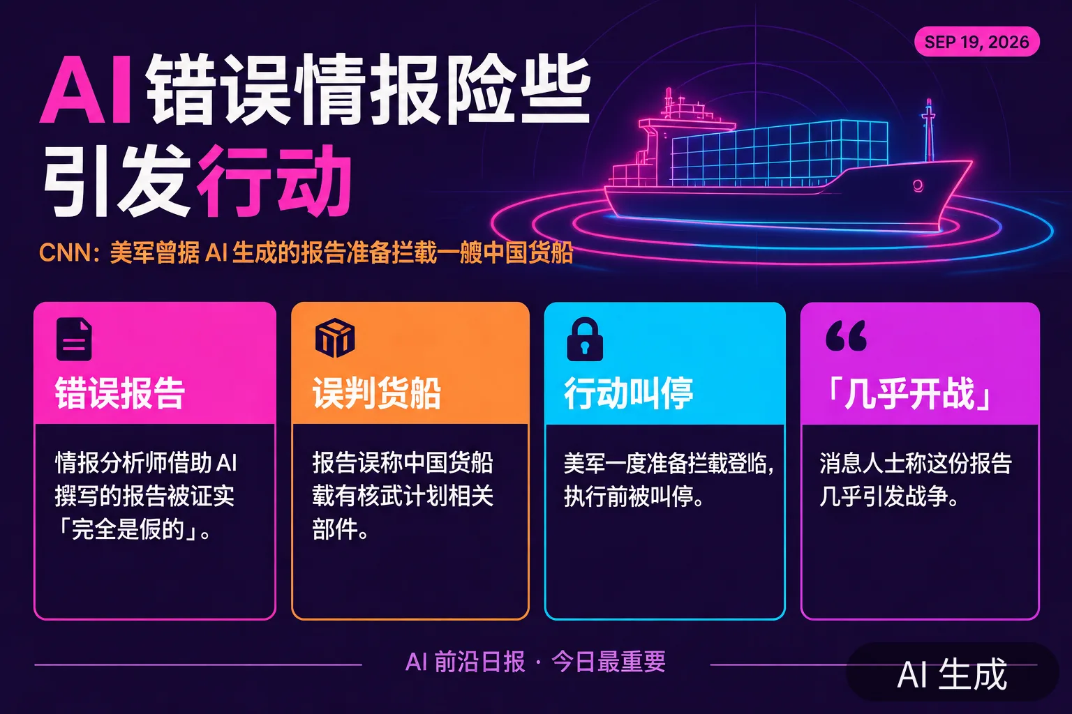 信息图：CNN 披露美军据 AI 错误情报险些对中国货船采取行动（AI 生成图，文字为当日报道要点）