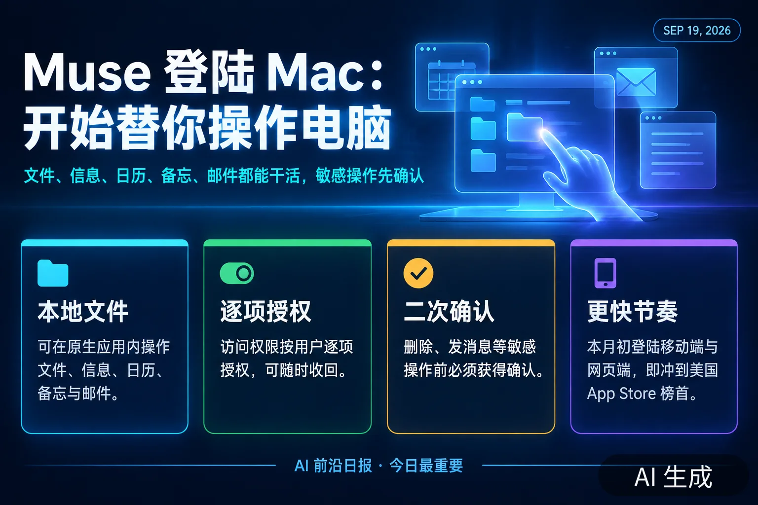 信息图：Meta Muse 登陆 Mac——智能体可直接操作文件与原生应用（AI 生成图，文字为当日报道要点）
